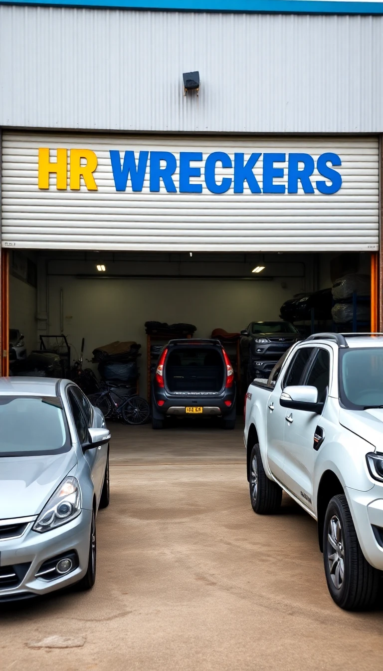 Clean and organized auto workshop at HR Wreckers with mechanics working